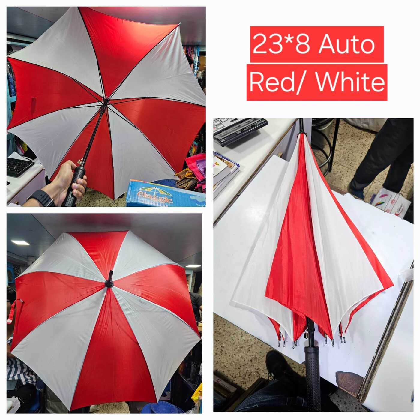 Straight Red/ White Button-Open Umbrella – Elegant, Sturdy